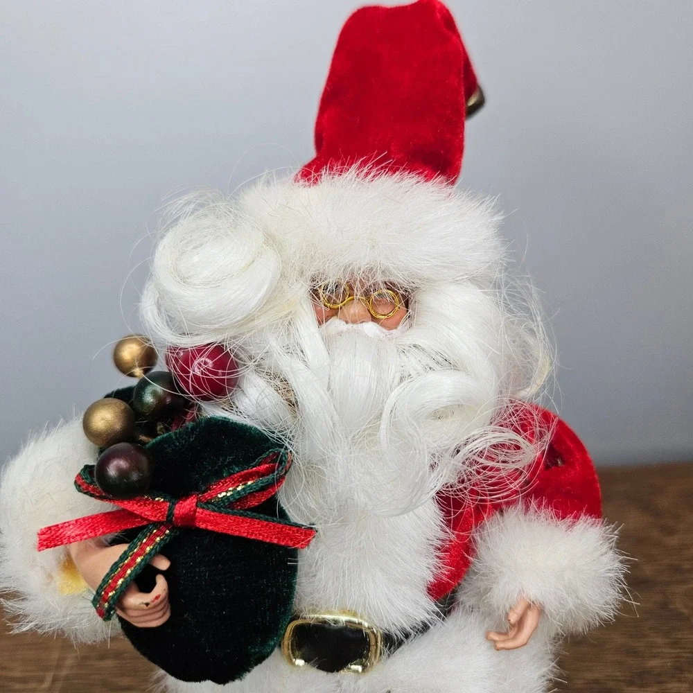 Santa Claus Figurine Porcelin Face Red Velvet‎ Suit Fur Trim Jingle Bell 7